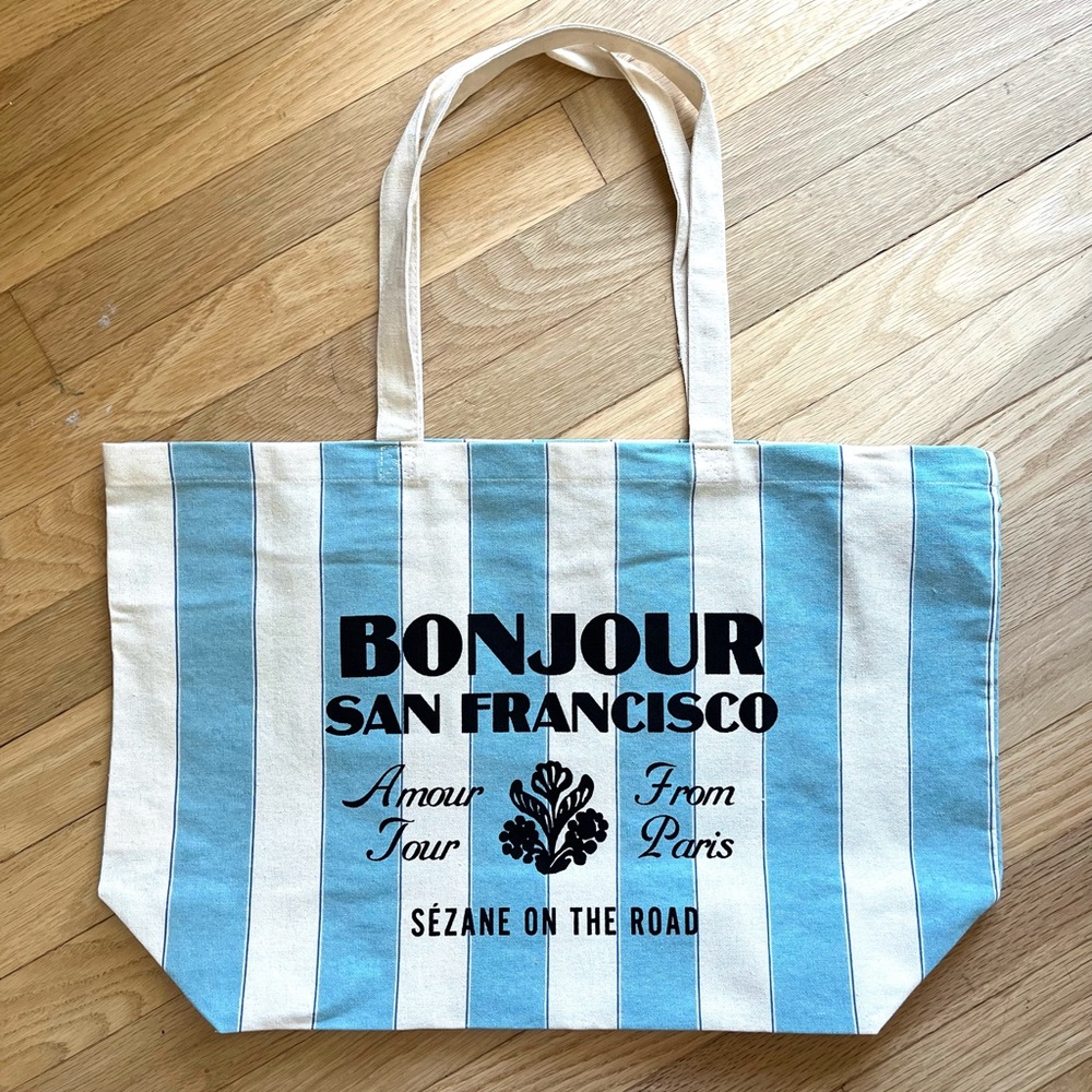 Sezane San Francisco Blue and Cream Striped Canvas Tote Bag